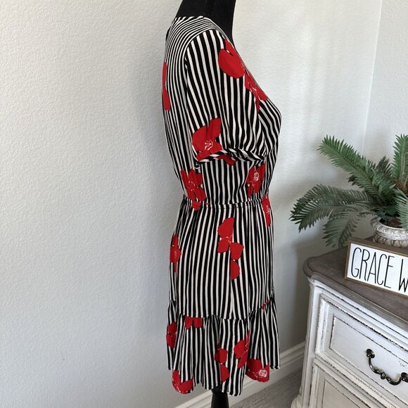 Madewell Black White Red Striped Floral Candied Orchids Wrap Ruffle Dress Size 2 - Picture 7 of 12